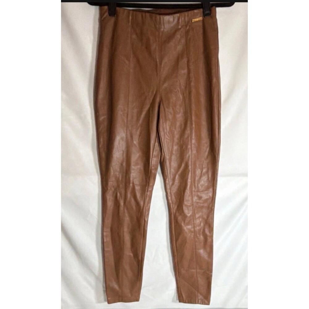 Marc New York Andrew Marc Brown Faux Leather Pants Logo Plaque Women